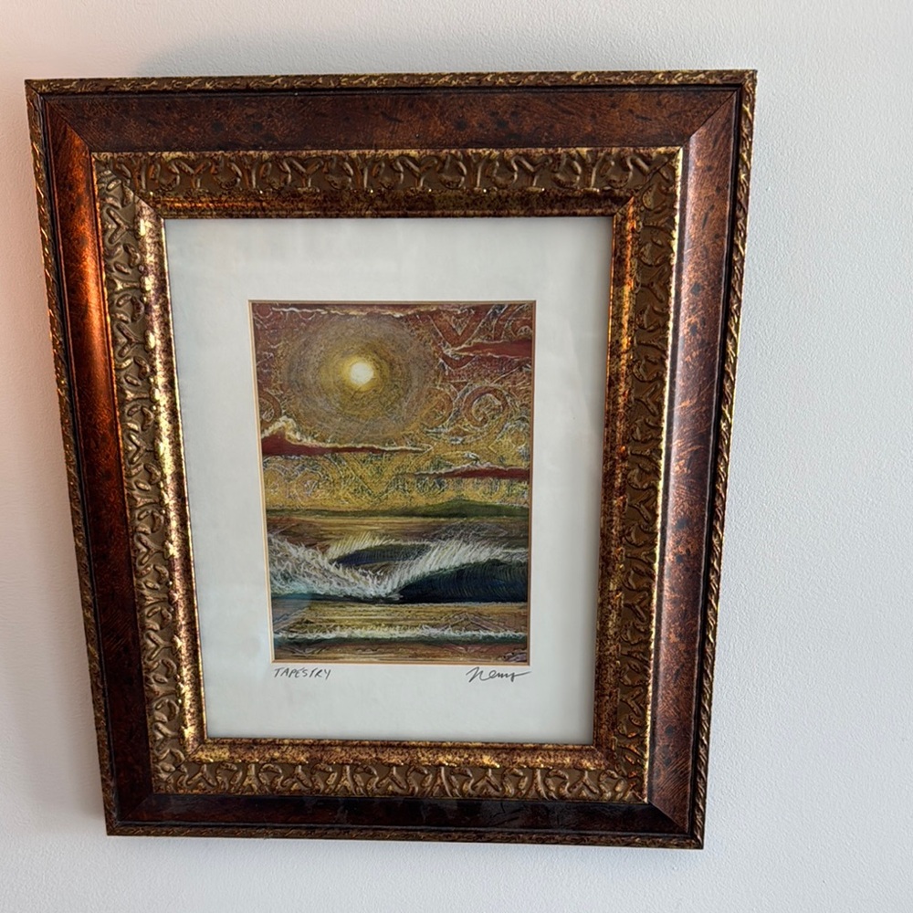 Original “Tapestry” framed artwork with beach and wave touch. Signed by artist.